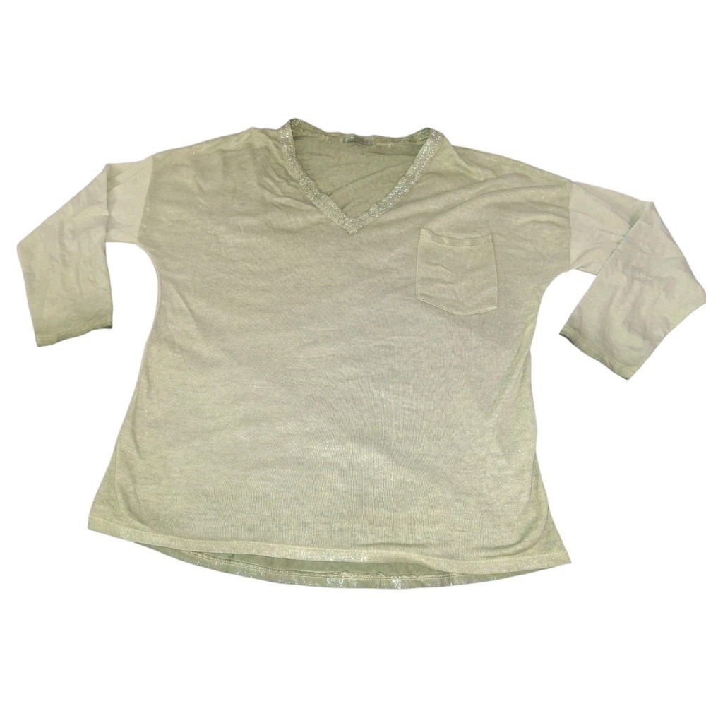 Light Green Sparkly 3/4 Sleeve Shirt Embroidered Made In Italy Size L Pocket